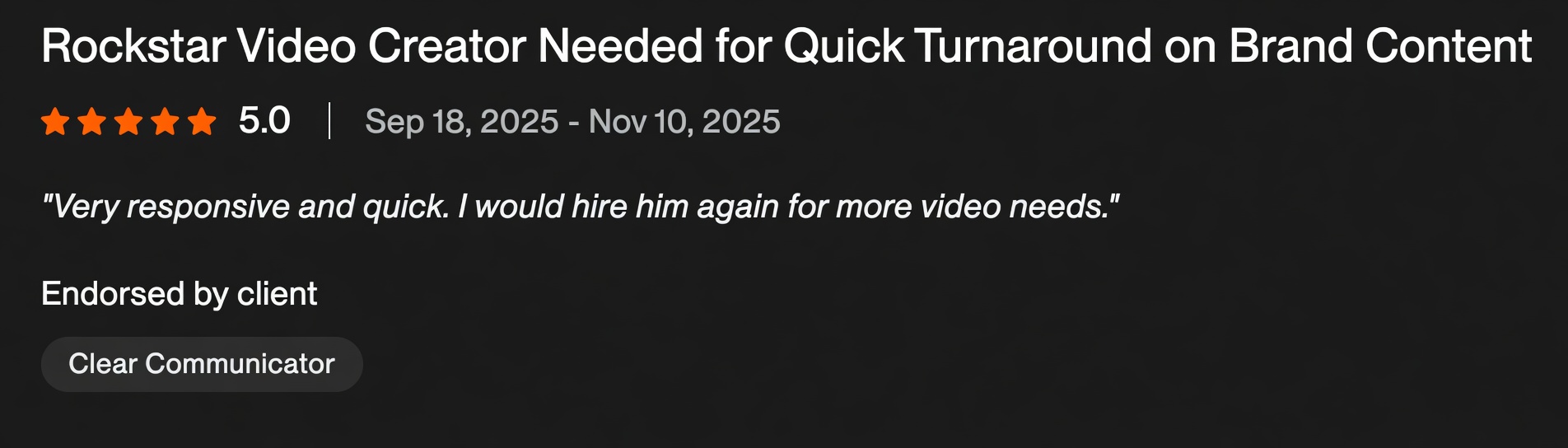 Upwork 5.0 review: Rockstar Video Creator Needed
