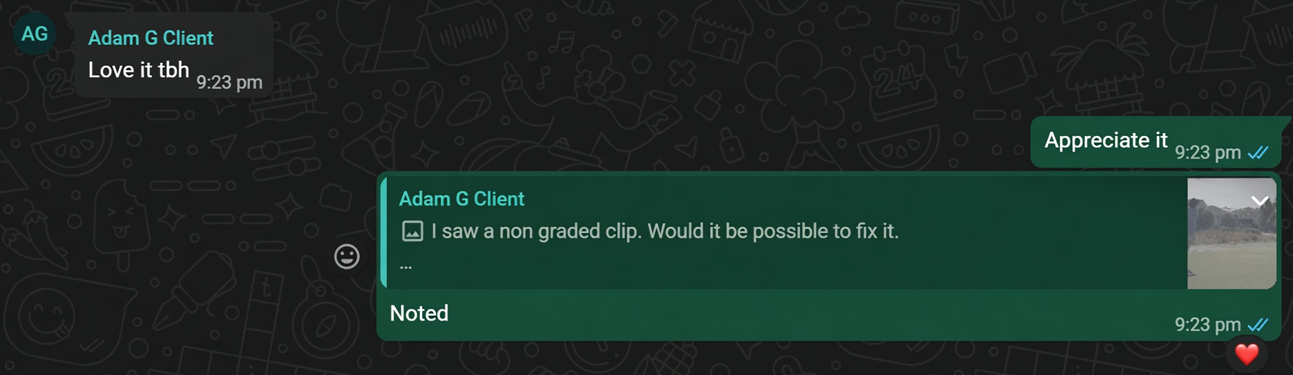 WhatsApp: client says 'Love it tbh'