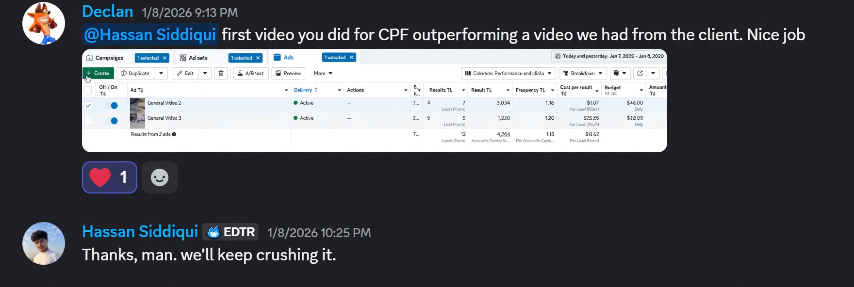 Discord message: client says the first video is outperforming their own video