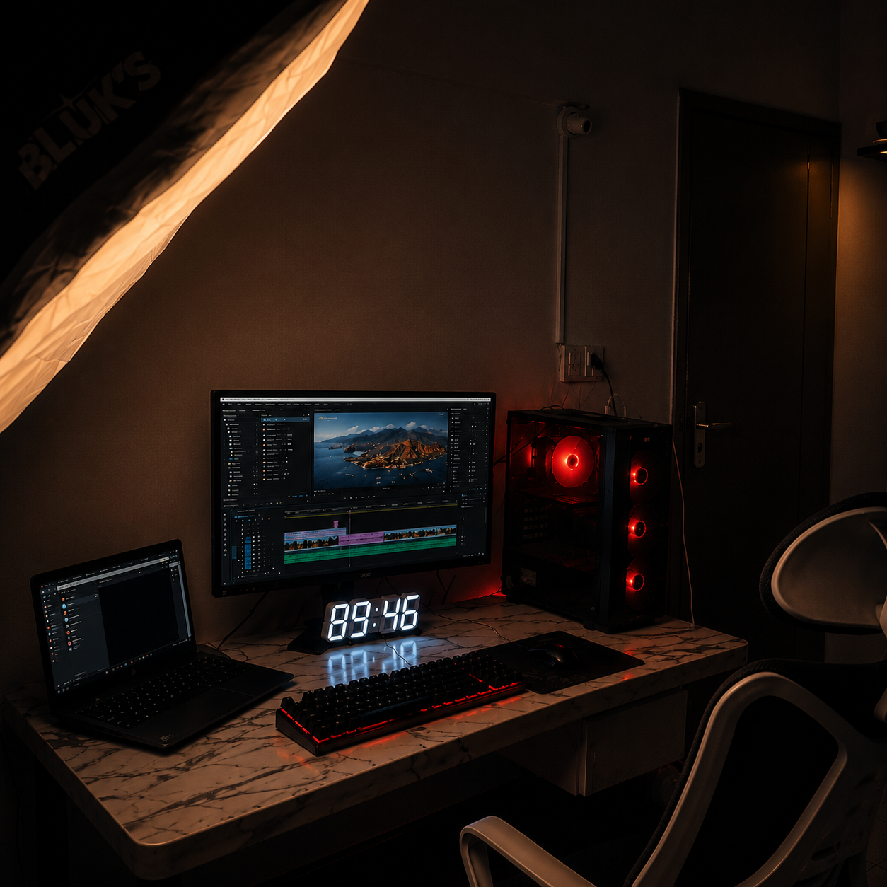 Hassan's editing workstation — dual monitors, timeline in Premiere Pro, mechanical keyboard and studio lighting